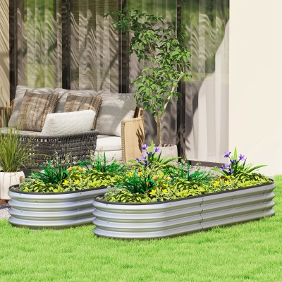 Outsunny 2Pcs Galvanized Raised Garden Bed, 6 x 2 x 1 ft Modular Metal Garden Beds with Rubber Strip Edging, Silver