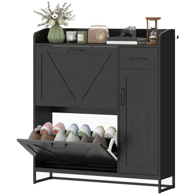 HOMCOM Farmhouse Shoe Storage Cabinet with Side Cabinet and Adjustable Shelves for Entryway, Hallway, Holds 12 Pairs, Black