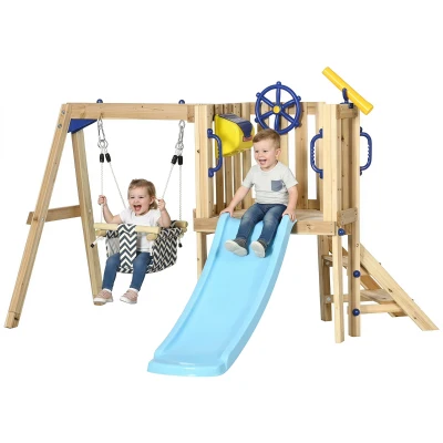Outsunny Wooden Kids Swing Set with Slide, Swing Seat, Captain's Wheel, Telescope, for Ages 18-48 Months, Natural