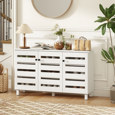 HOMCOM Shoe Cabinet with 3 Slatted Doors, 3-tier Shelving Rack Cabinet with Adjustable Shelves for 15 Pairs of Shoes, White