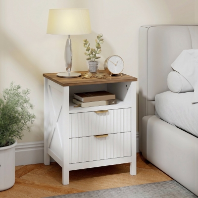 HOMCOM Modern Nightstand with 2 Fluted Drawers, Bedside Table with Open Storage Shelf, Anti-tipping Design, White and Walnut