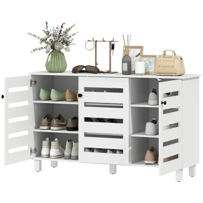 HOMCOM Shoe Cabinet with 3 Slatted Doors, 3-tier Shelving Rack Cabinet with Adjustable Shelves for 15 Pairs of Shoes, White