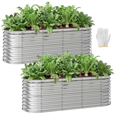 Outsunny 2Pcs Galvanized Raised Garden Bed, 6 x 2 x 2 ft Modular Metal Garden Beds with Rubber Strip Edging, Silver