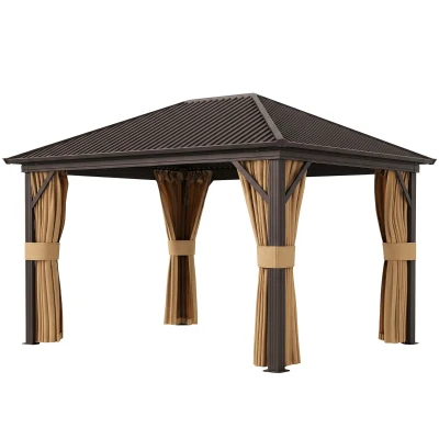Outsunny 10' x 12' Outdoor Hardtop Gazebo Metal Roof Patio Gazebo with Aluminum Frame, Mesh Nettings, Brown