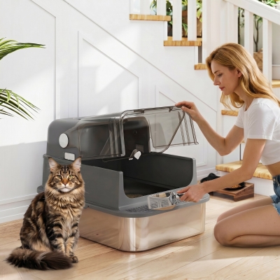 PawHut XXL Stainless Steel Cat Litter Tray, Enclosed Cat Litter Box for Big Cats with High Sides, Scoop, Easy Clean, Black