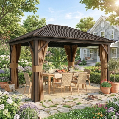 Outsunny 10' x 12' Outdoor Hardtop Gazebo Metal Roof Patio Gazebo with Aluminum Frame, Mesh Nettings, Brown
