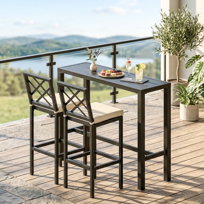 Outsunny 3 Piece Patio Bar Set, Outdoor Bar Table and Stools, Electrophoresis Steel Tabletop, X Back, Footrest, Cushions, Khaki