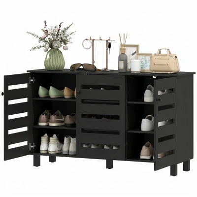 HOMCOM Shoe Cabinet with 3 Slatted Doors, 3-tier Shelving Rack Cabinet with Adjustable Shelves for 15 Pairs of Shoes, Black