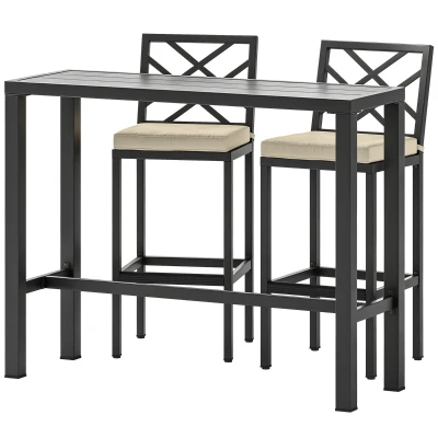 Outsunny 3 Piece Patio Bar Set, Outdoor Bar Table and Stools, Electrophoresis Steel Tabletop, X Back, Footrest, Cushions, Khaki