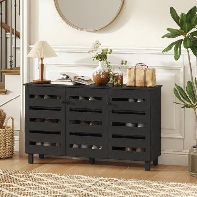 HOMCOM Shoe Cabinet with 3 Slatted Doors, 3-tier Shelving Rack Cabinet with Adjustable Shelves for 15 Pairs of Shoes, Black