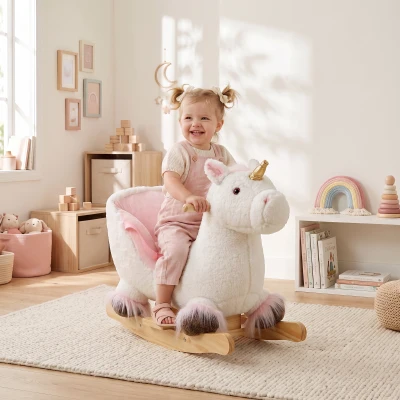 Qaba Unicorn Baby Rocking Horse with Sound & Seat Belt, White