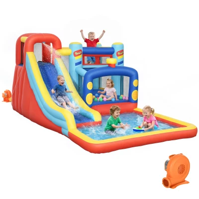Qaba 14.3 x 8FT Inflatable Bounce House, 4 in 1 Bouncy Castle with Slide, Climbing Wall, Jumping Area, Pool and Blower