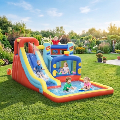 Qaba 14.3 x 8FT Inflatable Bounce House, 4 in 1 Bouncy Castle with Slide, Climbing Wall, Jumping Area, Pool and Blower
