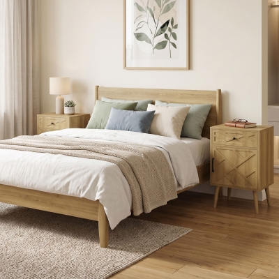 HOMCOM Nightstand Set of 2, Bedside Table Set with Drawer and Cabinet, Side End Table with Storage for Living Room, Oak