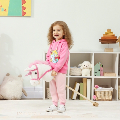 Qaba Unicorn Stick Horse, Plush Hobby Horse with Wood Wheels, Real Pony Neighing and Galloping Sounds, for Kids, White
