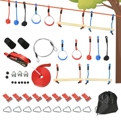 Outsunny Ninja Slackline Set, 30-Piece, 10m Rope with Obstacles, Climbing Frame, Playset Equipment for Children Aged 3-6
