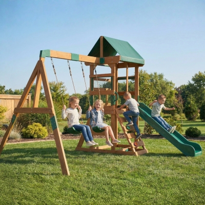 Qaba Wood Swing Set, Outdoor Playset with Slide, 2 Swings, Rock Wall and Covered Upper Deck, Kids Outdoor Playground
