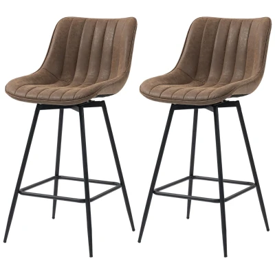 HOMCOM Set of 2 Counter Height Barstools, PU Leather Upholstered Bar Stools with Backrest, Footrest and Steel Legs, Brown