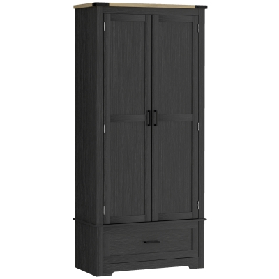 HOMCOM 69" Tall Farmhouse Kitchen Pantry Cabinet with 2 Doors, Drawer and Adjustable Shelves, Black and Brown