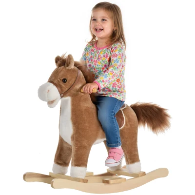 Qaba Kids Rocking Horse Plush Animal on Wooden Rockers with Sounds, Wooden Base, Baby Rocking Chair, Brown
