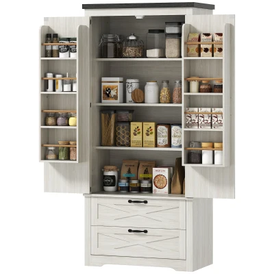 HOMCOM Farmhouse Kitchen Pantry Storage Cabinet, 64" Freestanding Kitchen Pantry Cabinet with Drawers, Distressed White