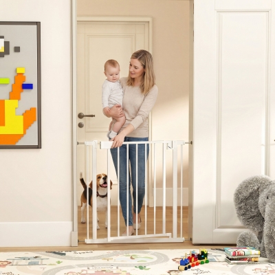 PawHut Baby Gate, Pet Safety Gate Pressure Fit, 30"-32" Wide with Two-Way Open, Auto-Close for Stair, Doorways, Hallways, White