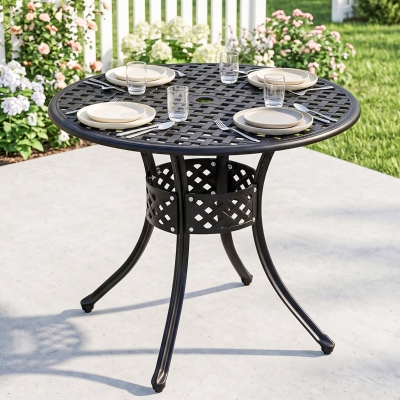 Outsunny 33-Inch Roud Patio Dining Table with Umbrella Hole, Cast Aluminum Garden Table, All Weather Patio Bisto Table, for Lawn, Garden, Outside, Black