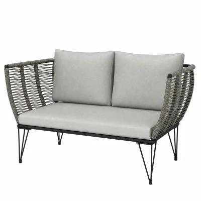 Outsunny Outdoor Couch Patio Sofa with Cushions, 2 Seater Patio Furniture Loveseat with Galvanized Steel Frame, Light Grey