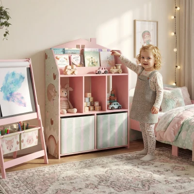 Qaba Kids Bookshelf with Storage and Fabric Drawers, Pink