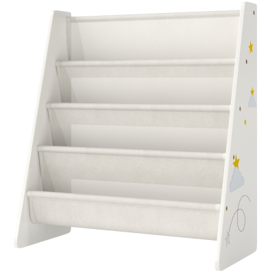 Qaba Fabric Kids Bookshelf, 4-Tier Toddler Sling Book Rack for Playroom, Bedroom, Nursery and Kids Room for Ages 3-6, White