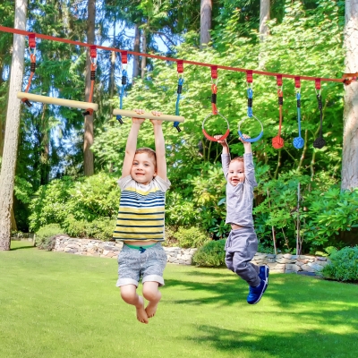Outsunny Ninja Slackline Set, 30-Piece, 10m Rope with Obstacles, Climbing Frame, Playset Equipment for Children Aged 3-6