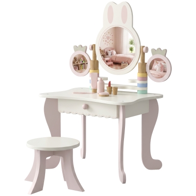 Qaba Kids Vanity Set, Kids Makeup Vanity Table and Chair with Triple Mirrors, 5 Pcs Accessories and Drawer for Girls 3+, Pink