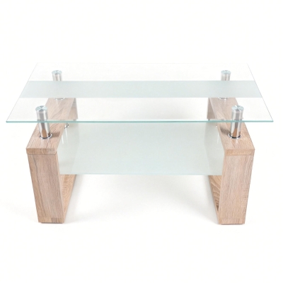 Modern Glass Coffee Table with Wood-Grain MDF Legs, Minimalist Center Table with 2-Tier Storage, 34.5'' L x 18.5'' W x 17.5'' H, Natural+Transparent