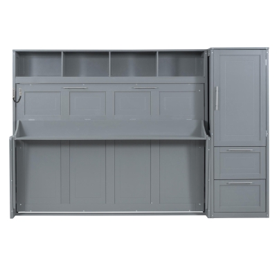 Queen Size Murphy Wall Bed with Storage Shelf, Space‑Saving Bed Frame with Integrated Closet and 2 Drawers, 112" L x 65" W x 78.5" H, Gray
