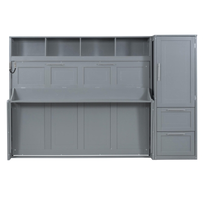Space-Saving Full Size Murphy Wall Bed with Integrated Shelf, Customizable Bed Frame with Closet and 2 Drawers, 107.5" L x 58" W x 72" H, Gray