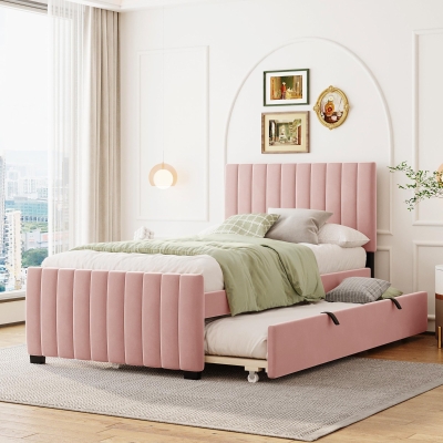 Space-Saving Twin Size Upholstered Platform Bed with Trundle Under Bed, Cozy Bed Frame with Velvet Fabric, 80" L x 41.5" W x 42.5" H, Pink