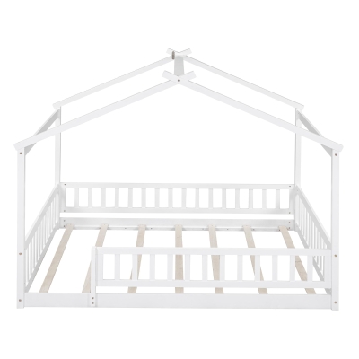 Full Size Wood House Bed with Roof and Fence, Sturdy Pinewood Bed Frame for Kids and Teens, 79.5" L x 57" W x 63" H, White