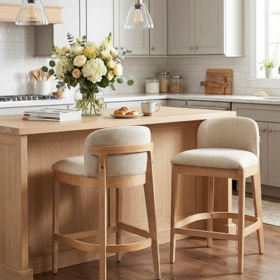 Counter Height Bar Stool Set with Foam Upholstered Seat, Modern Bar Chairs with Ergonomic Curved Backrest, 19.5'' L x 21.5'' W x 33'' H, Beige+Natural