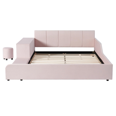 Queen-Size Upholstered Platform Bed with Bedside Desk and Stool, Cozy Bed Frame with Streamlined Structure, 84.5" L x 74" W x 28" H, Pink