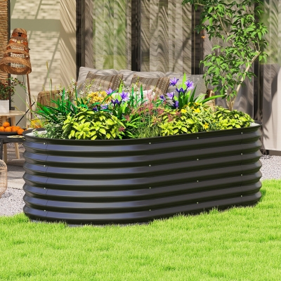 Outsunny 5 x 2.5 x 2 ft Galvanized Raised Garden Bed, Easy DIY Oval Planter Box with Safety Edging and Gloves, Black