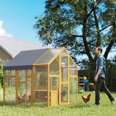 PawHut Large Wooden Chicken Run with Waterproof Cover, Yellow, 6-8 Chickens