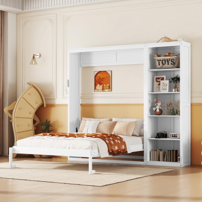 Space-Saving Murphy Bed with 5-layer Folded Cabinet, Solid Murphy Bed Frame with 600 lbs Weight Capacity, 87.5" L x 15.5" W x 83.5" H, White
