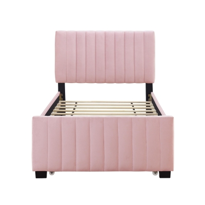 Space-Saving Twin Size Upholstered Platform Bed with Trundle Under Bed, Cozy Bed Frame with Velvet Fabric, 80" L x 41.5" W x 42.5" H, Pink