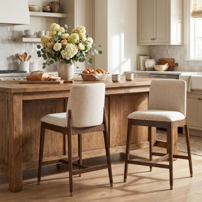 Counter Height Bar Stool Set of 2 with Premium Rubberwood, Modern Bar Chairs with Metal-Tipped Feet, 20'' L x 22.5'' W x 38'' H, Beige+Walnut
