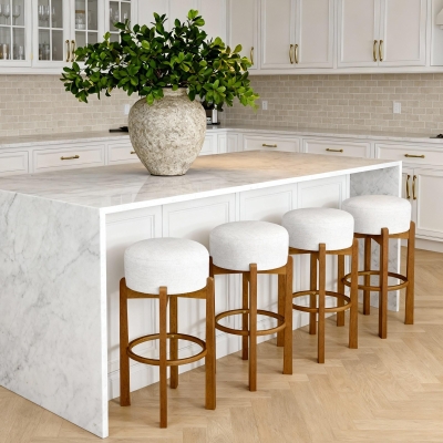 Indoor Round Seat Bar Stools with Premium Solid Frame, Non-Swivel Bar Chairs with Ergonomic Round Seat, 19.5'' L x 19.5'' W x 30'' H, Ivory+Walnut