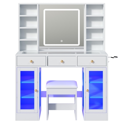 Aesthetic Makeup Vanity Desk with LED Mirror and Adjustable RGB Lights, Spacious Makeup Vanity with 6 Drawers, 44.5" L x 15.5" W x 55" H, White