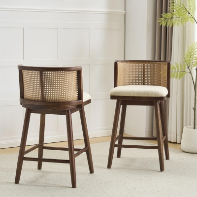 Woven Rattan Counter Chairs with Padded Upholstered Seat, Counter Height Bar Stools with Durable Frame, 19.5'' L x 21'' W x 35'' H, Beige+Walnut