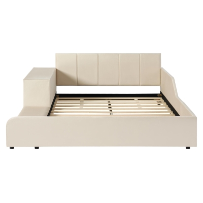 Full Size Upholstered Platform Bed with Bedside Desk and Round Stool, Cozy Bed Frame with Streamlined Structure, 79.5" L x 68" W x 28" H, Beige