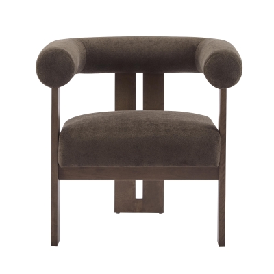 Round Arm Accent Chair with Velvet Upholstery, Curved Backrest Armchair with Solid Birch Wood Base, 31'' L x 29'' W x 30'' H, Dark Brown+Walnut