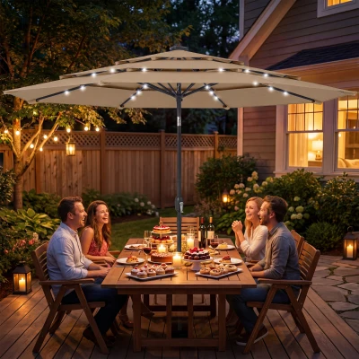 Outsunny 9.7 ft Patio Umbrella with Solar LED Lights, Khaki